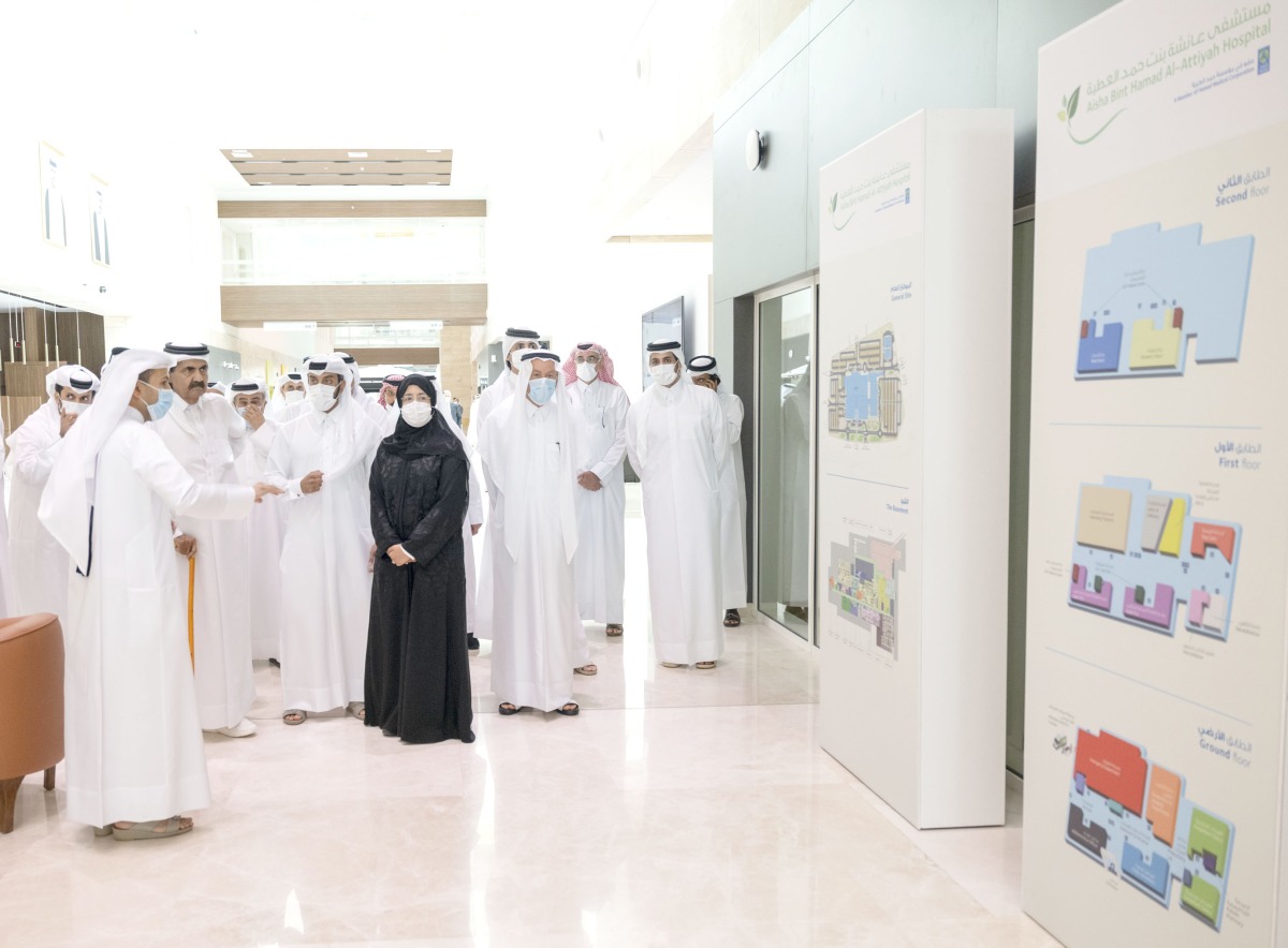 Father Amir H H Sheikh Hamad bin Khalifa Al Thani at the inauguration of Aisha Bint Hamad Al Attiyah Hospital. Minister of Public Health H E Dr. Hanan Mohamed Al Kuwari and other dignitaries and officials are also seen. 