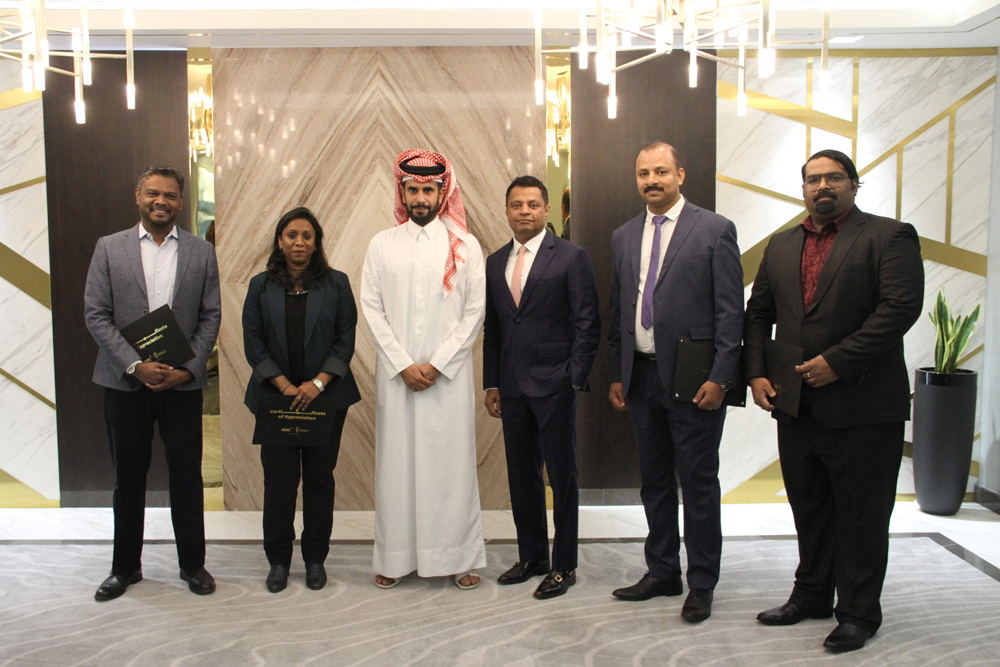 Sheikh Abdulla bin Fahad bin Jassim bin Jaber Al Thani, Chairman of GWC and Ranjeev Menon, Group CEO of GWC with GWC officials marking the success of the World Cup.