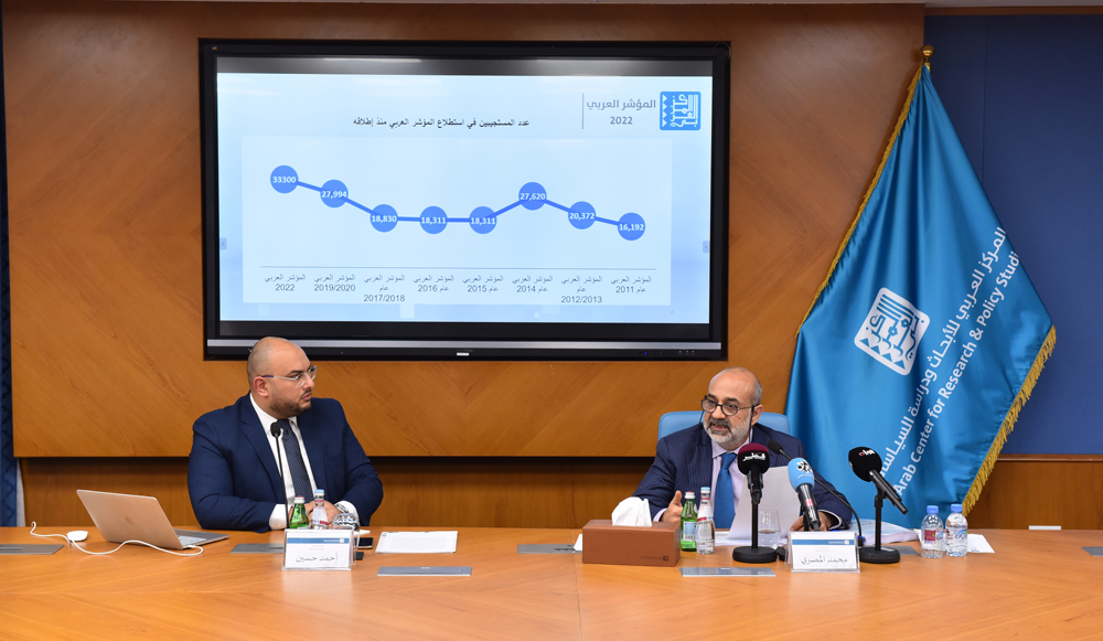 Dr. Mohammad Al Masri (right) and Ahmad Hussein during the launch of the 2022 Arab Opinion Index at the Arab Center for Research and Policy, Doha Institute of Graduate Studies, yesterday.