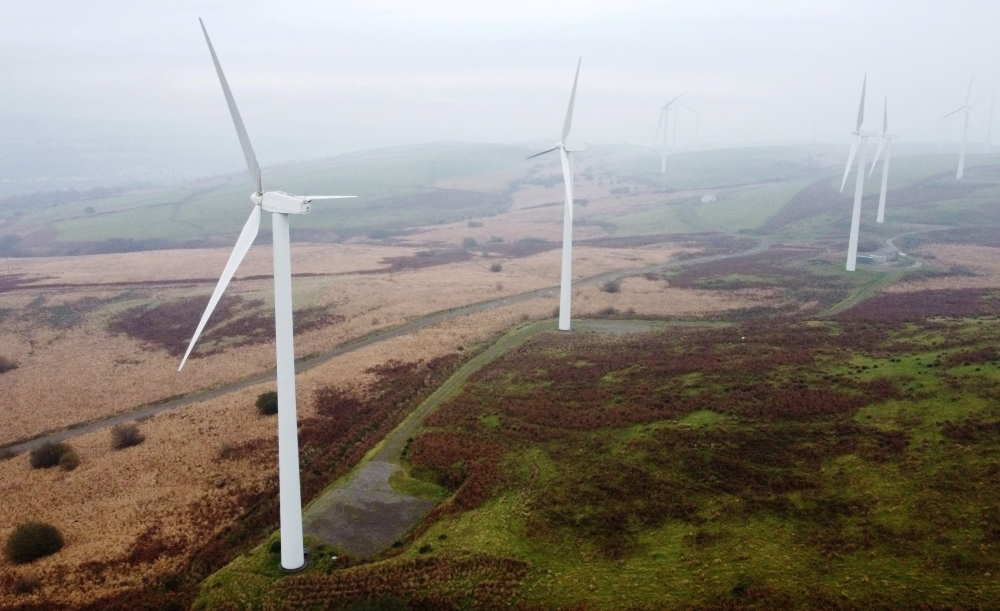 Wind turbines are seen at Mynydd Portref Wind Farm near Hendreforgan in South Wales, Britain, November 15, 2021. Picture taken with a drone. REUTERS/Matthew Childs/File Photo