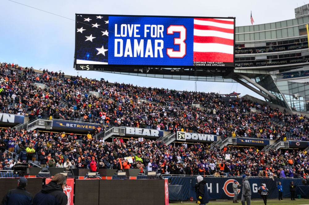 A display is shown honoring Buffalo Bills Safety Damar Hamlin before the game between the Chicago Bears and the Minnesota Vikings at Soldier Field. (Daniel Bartel-USA TODAY Sports via Reuters)