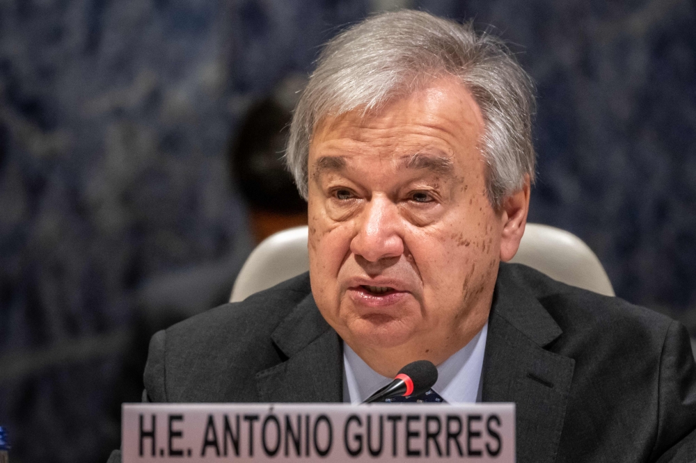 UN Secretary-General Antonio Guterres delivers a speech at the start of a Pakistan's Resilience to Climate Change conference in Geneva on January 9, 2023. Photo by Fabrice COFFRINI / AFP