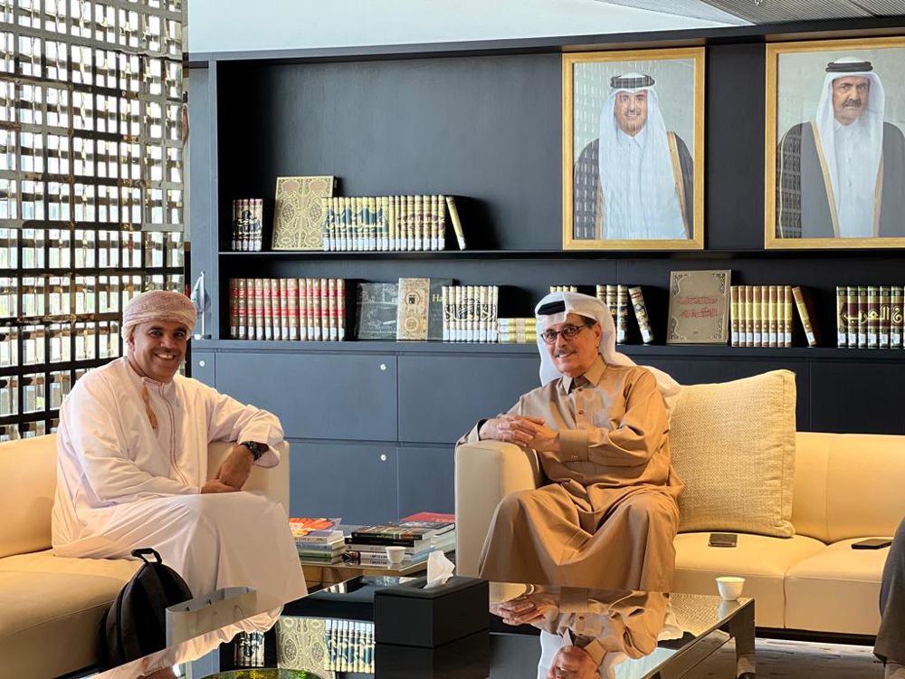 Minister of State and President of Qatar National Library H E Dr. Hamad Bin Abdulaziz Al Kawari with President of the Arab Federation for Libraries and Information Dr. Nabhan Al Harrasi at the QNL, yesterday.