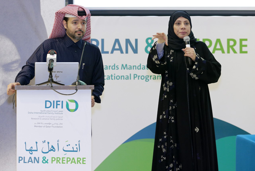 Dr. Sharifa Noaman Al Emadi (right) Executive Director at DIFI and Dr. Khalid Al Naama Director of Family and Research Policy at DIFI during the launch of ‘Plan & Prepare’.  PIC:  Rajan Vadakkemuriyil 