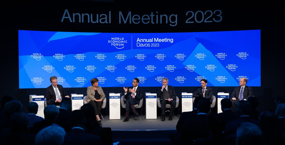 Deputy Prime Minister and Minister of Foreign Affairs H E Sheikh Mohammed bin Abdulrahman Al Thani speaks at a session during the World Economic Forum annual meeting in Davos yesterday.