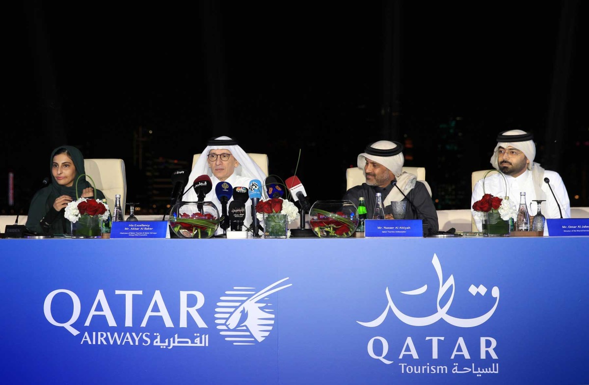 Qatar Tourism Chairman and Qatar Airways Group Chief Executive, H E Akbar Al Baker (second left), along with QT Head of Marketing and Planning, Sheikha Hessa Al Thani (left); QT’s new ambassador, Nasser Abdullah Al Attiyah (second right), and QT Director of Shared Services Department, Omar Al Jaber, during the “Feel Winter in Qatar” campaign press conference yesterday at Mina Hotel and Residences. Picture by: Salim Matramkot/The Peninsula