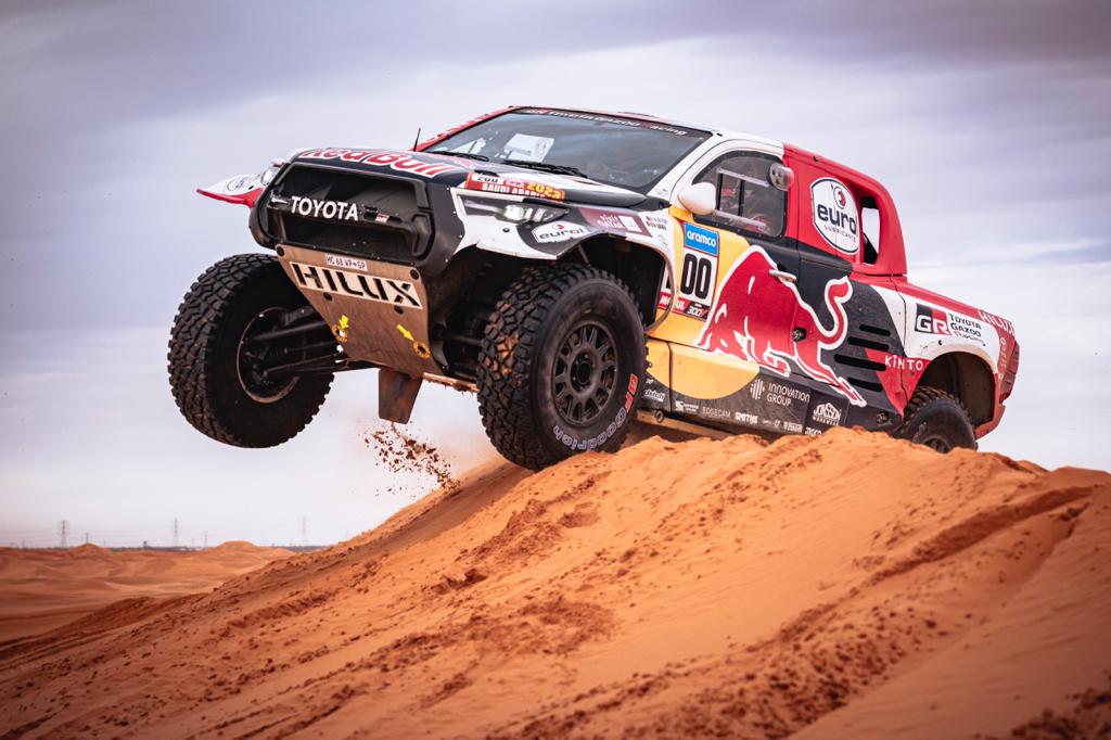 Nasser Saleh Al Attiyah drives his Toyota Hilux during the Dakar Rally 2023 in Saudi Arabia. 