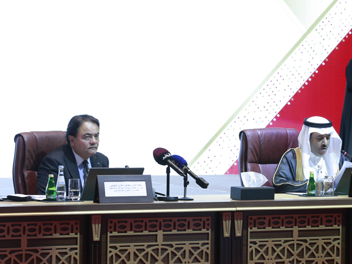 Technical Secretariat of Arab Social Ministerial Council Tareq Al Nabulsi, and Assistant Undersecretary for Social Affairs in the Ministry of Social Development Ghanem Mubarak Al Kuwari, during the opening session of the 42nd Council of Arab Ministers of Social Affairs. PIC: Rajan Vadakkemuriyil / The Peninsula