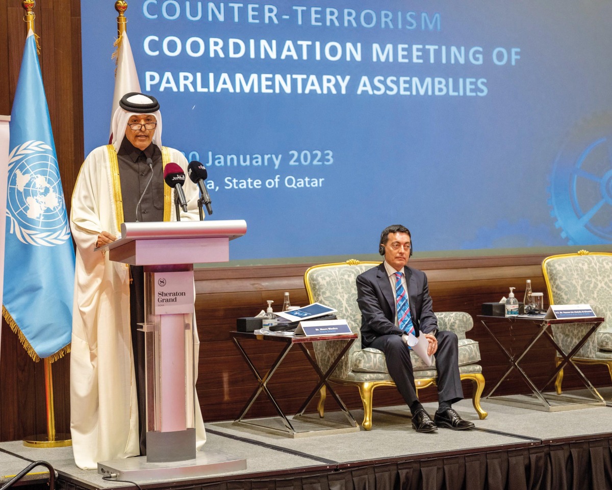 Speaker of the Shura Council H E Hassan bin Abdullah Al Ghanim addressing the 3rd Counter-Terrorism Coordination Meeting of Parliamentary Assemblies.