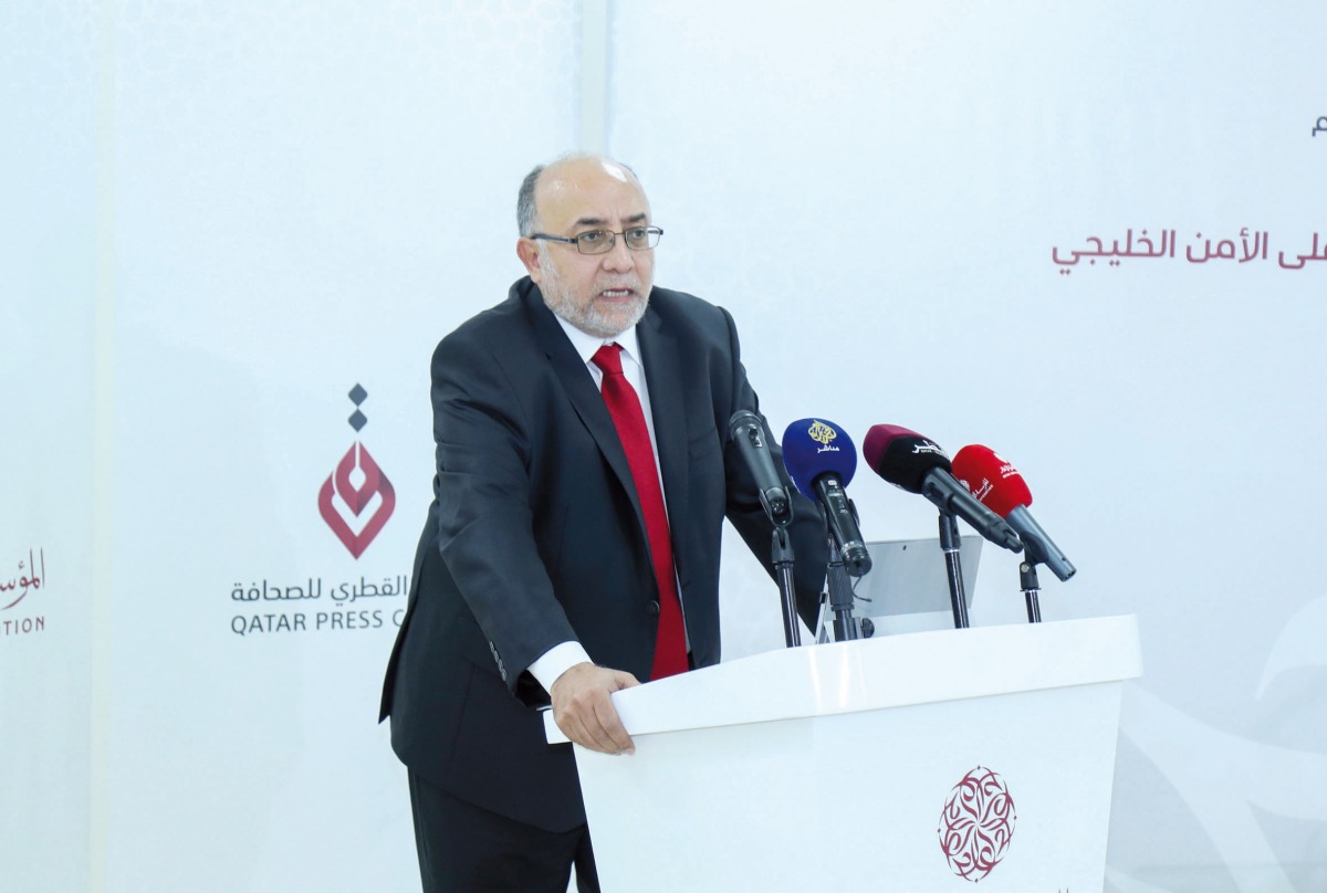 Professor Dr. Abdullah Al-Shayji addressing the seminar at the Qatar Press Center yesterday. PIC: Mohammed Farag