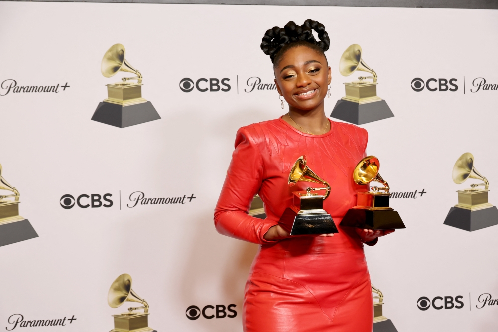 Samara Joy winner of Best New Artist and Best Jazz Vocal Album for “Linger Awhile” poses in the press room during the 65th GRAMMY Awards. Amy Sussman/Getty Images/AFP