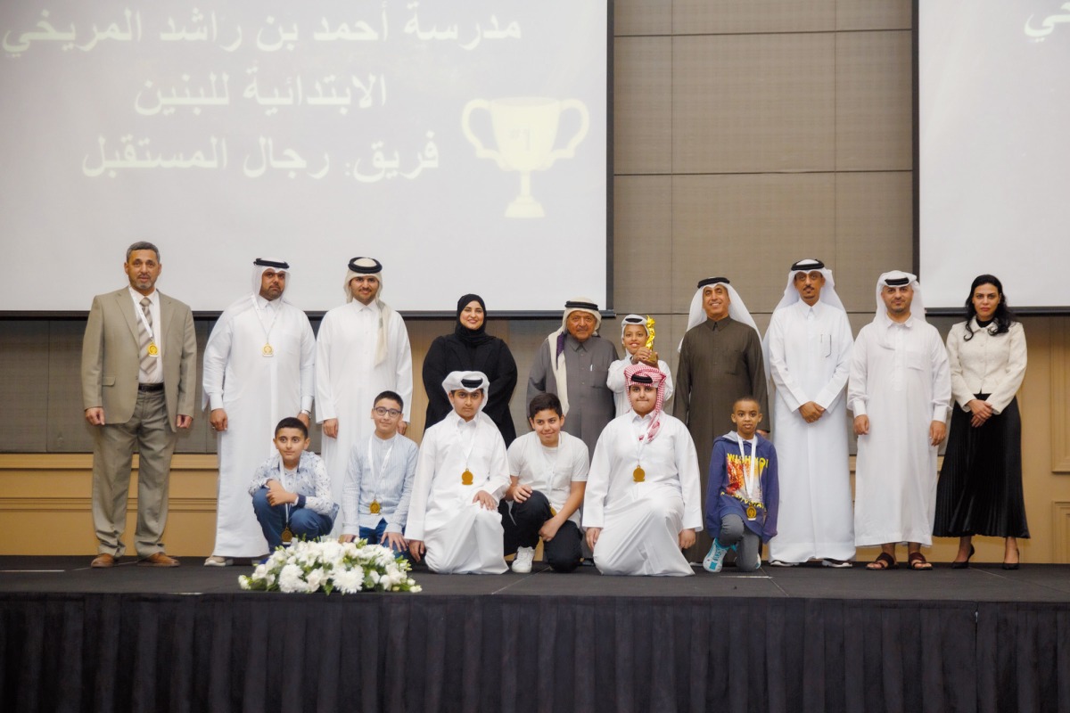 Undersecretary of the Ministry of Education and Higher Education, H E Dr. Ibrahim bin Saleh Al Nuaimi; Founder and Chairman of the Board at Al-Faisal Without Borders Foundation, Sheikh Faisal bin Qassim Al Thani, with other officials during the honouring ceremony of ‘Destination Imagination’ programme winners. 