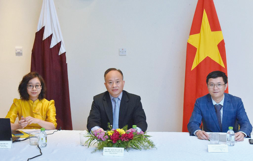 Ambassador of Vietnam to Qatar, H E Tran Duc Hung (centre); First Secretary, Cao Dinh Phan (right); and Second Secretary- Head of Political and Economic Section, Le Thi Thu Ha, during the press conference held at the Embassy in Doha, yesterday.