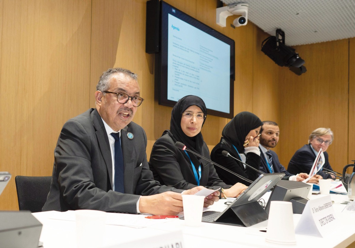 Minister of Public Health  H E Dr. Hanan Mohamed Al Kuwari (second lef), WHO Director-General Dr. Tedros Adhanom Ghebreyesus (first left) and other officials during the second Sport for Health Steering Committee meeting in Geneva.