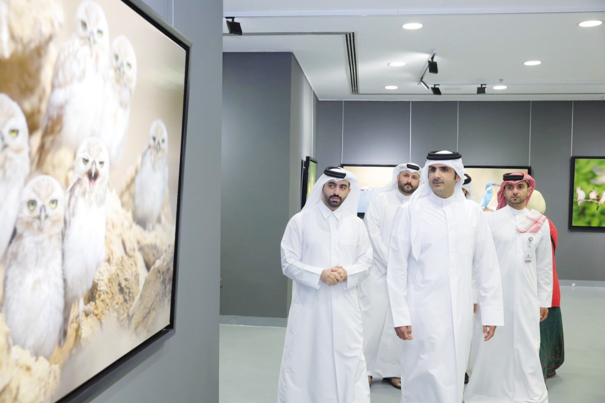 Minister of Culture H E Sheikh Abdulrahman bin Hamad Al Thani and other officials touring the exhibition at Katara. 