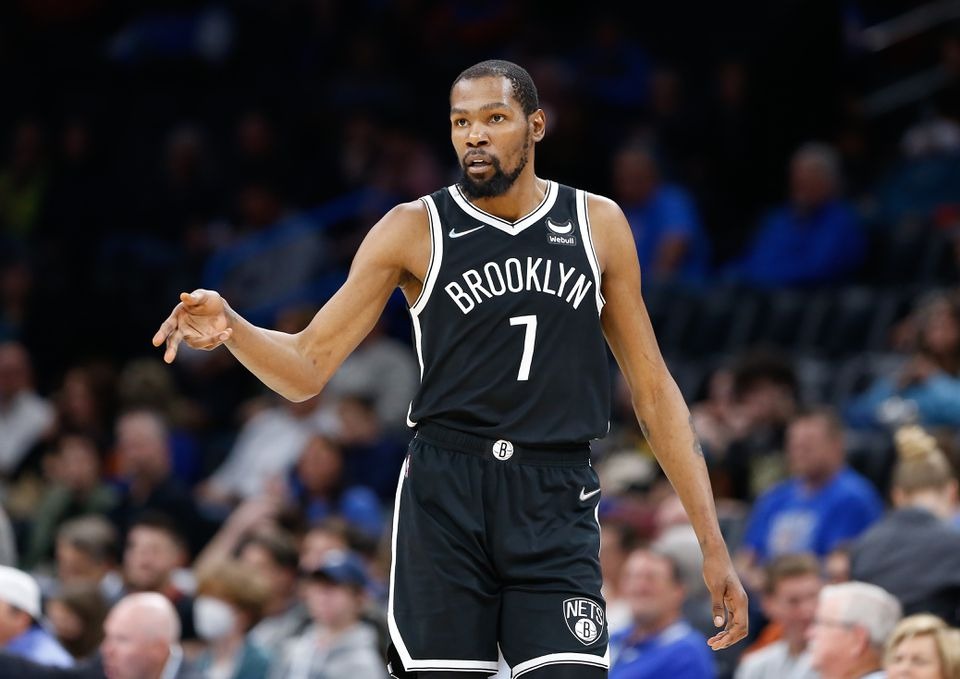 Nov 14, 2021; Oklahoma City, Oklahoma, USA; Brooklyn Nets forward Kevin Durant (7) after scoring against the Oklahoma City Thunder during the second half at Paycom Center. Brooklyn won 120-96. Mandatory Credit: Alonzo Adams-USA TODAY Sports via REUTERS
