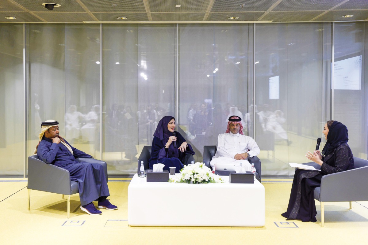 Sheikh Dr. Thani bin Ali Al Thani (second right), Vice-President of Qatar Lawyers Association and Chairman of the Editorial Board of the Atlas of the FIFA World Cup Qatar 2022; Former national team player and Qatar 2022 Legacy Ambassador Ibrahim Khalfan (first left); Dr. Buthaina Al Ansari (second left), Strategic Development and Human Resources Advisor and author of Countdown-Qatar FIFA World Cup 2022; and Aysha Al Ansari, Head of the Heritage Collection at Qatar National Library during the panel discussion at QNL, yesterday.