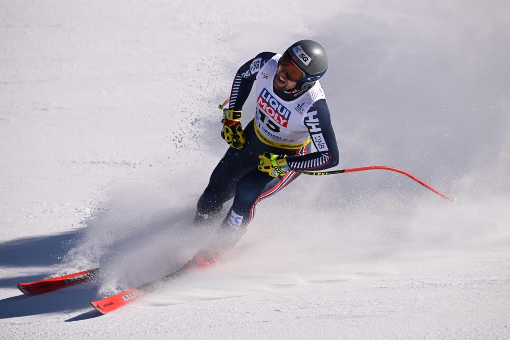 Norway's Aleksander Aamodt Kilde reacts after competing during the Men's Downhill event of the FIS Alpine Ski World Championship 2023 in Courchevel, French Alps, on February 12, 2023. (Photo by Lionel BONAVENTURE / AFP)