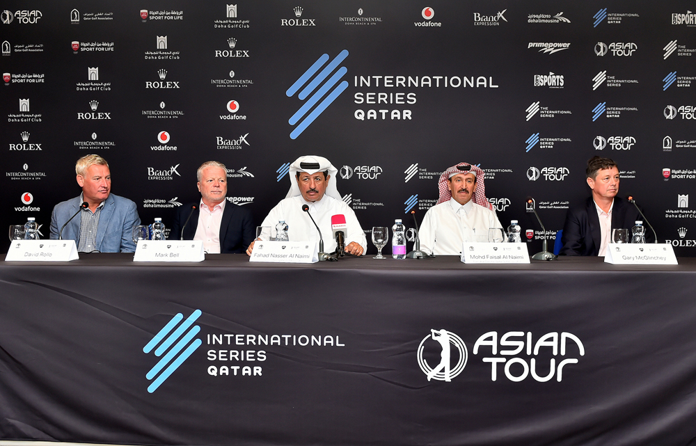 FROM LEFT: Asian Tour Chief Operating Officer David Rollo, Executive Director Butler Bell Sports Mark Bell, QGA General Secretary Fahad Nasser Al Naimi, QGA Executive Director Mohammed Faisal Al Naimi and General Manager Doha Golf Club Gary McGlinchey during the press conference yesterday. PIC: Abdul Basit     