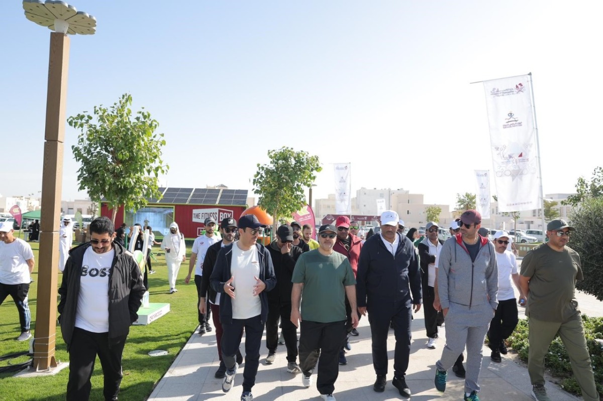 Minister of Municipality H E Dr. Abdullah bin Abdulaziz bin Turki Al Subaie with other officials participating in a sport activity organised by the Ministry at Umm Seneem Park yesterday.