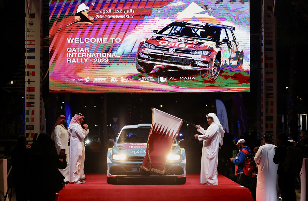 QMMF President Abdulrahman Al Mannai flags off the Qatar International Rally at the Al Maha Island yesterday.