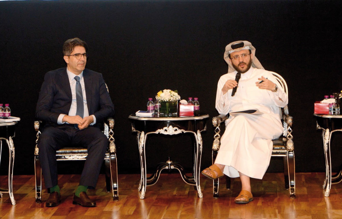 Adviser to the Deputy Prime Minister and Minister of Foreign Affairs and the official spokesperson for the Ministry of Foreign Affairs Dr. Majed Mohammed Al Ansari (right) speaking during the conference, yesterday.