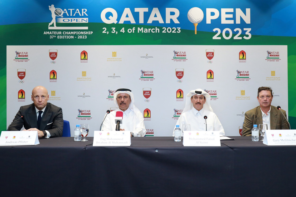 FROM LEFT: InterContinental Doha Beach & Spa General Manager Andreas Pfister, Qatar Golf Association (QGA) Deputy General Secretary Eng. Mohammed Ibrahim Al Muhannadi, QGA Board Member Mohammed Faisal Al Naimi and DGC General Manager Gary McGlinchey during a press conference.  
