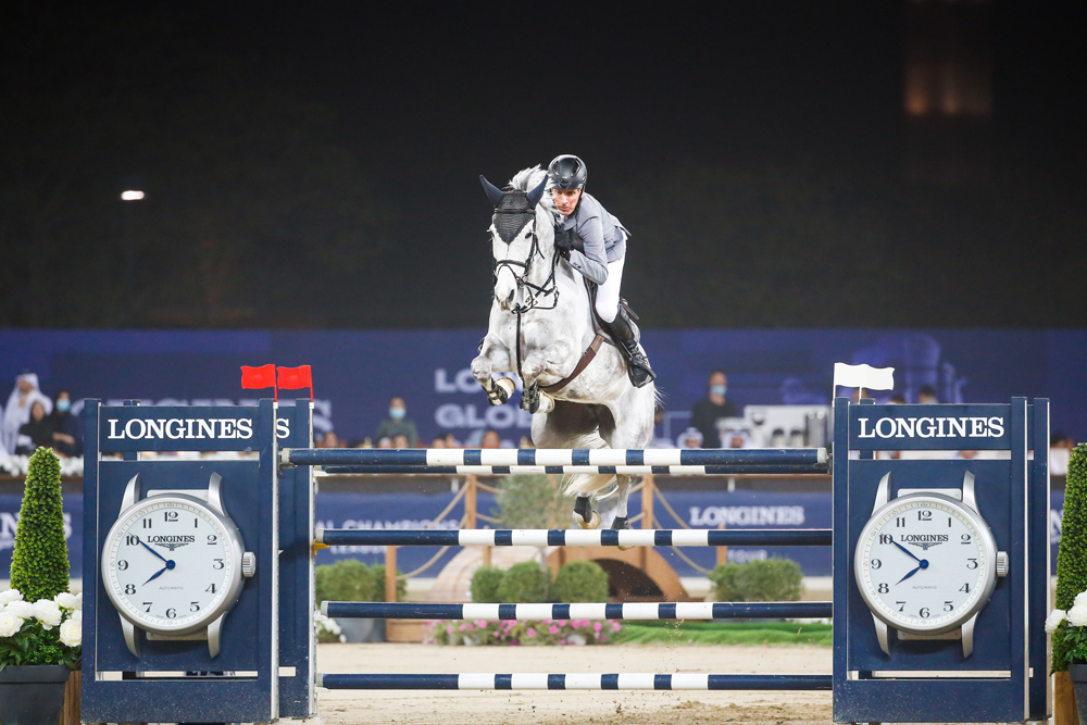 German rider Ludger Beerbaum guides Mila over a fence during the Longines Global Champions Tour Grand Prix of Doha 2022 in this file photo.