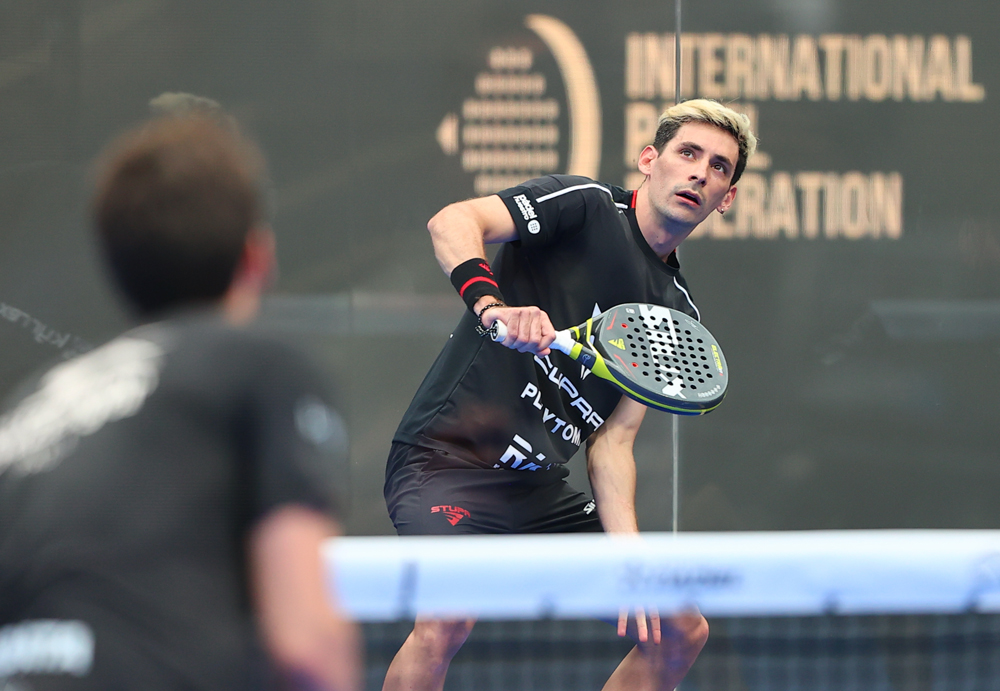 Argentina’s Franco Stupaczuk in action yesterday. The No.2 seeded pair Stupaczuk and Martin Di Nenno beat Spain’s Teodoro Zapata and Anton Sans 6-2, 6-3.