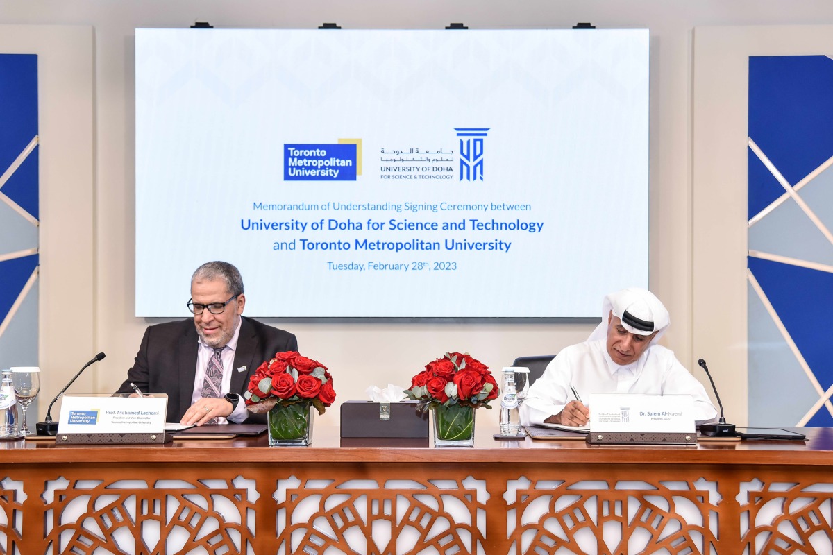 Dr. Salem Al Naemi, President of UDST and Dr. Mohamed Lachemi, President and Vice-Chancellor of Toronto Metropolitan University signing the MoU. 