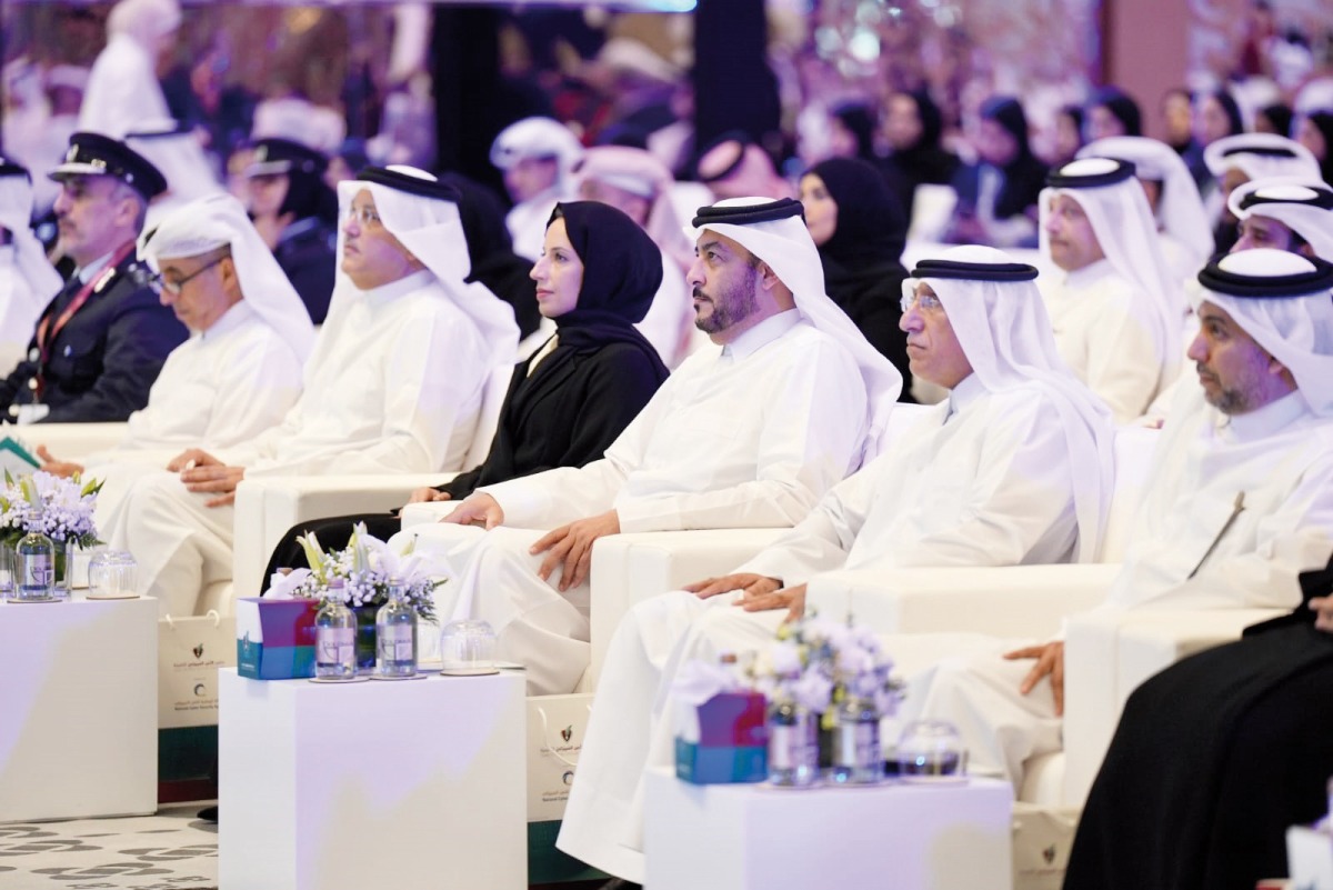 Minister of Education and Higher Education, H E Buthaina bint Ali Al Jabr Al Nuaimi (4th right); Minister of Communications and Information Technology, H E Mohammed bin Ali Al Mannai (5th right); President of National Cyber Security Agency, H E Eng. Abdulrahman bin Ali Al Farahid Al Malki (3rd right); Undersecretary of the Ministry of Education and Higher Education H E Dr. Ibrahim bin Saleh Al Nuaimi (6th right); President of Qatar University, Dr. Hassan Al Derham (1st right); and other dignitaries during the event held at Raffles Doha hotel, yesterday.