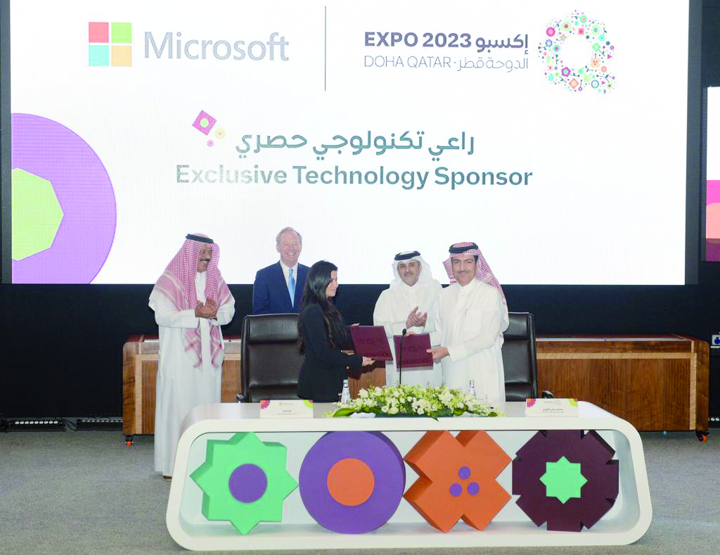 Expo 2023 Secretary General, Mohammed Ali Al Khouri (right), Microsoft Qatar General Manager, Lana Khalaf (third left), along with other officials during the agreement signing ceremony between Expo 2023 and Microsoft, yesterday.