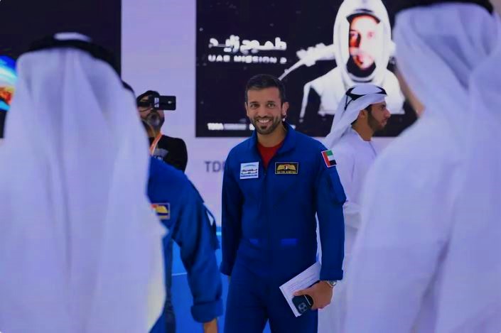 Sultan al-Neyadi arrives to give a press conference at the Museum of the Future, Dubai, on February 2, 2023. (AFP)