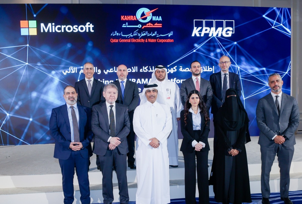 President of Kahramaa Engineer Essa bin Hilal Al Kuwari; Microsoft Qatar General Manager Lana Khalaf; Country Senior Partner of KPMG in Qatar Ahmed Abu Sharkh; and KPMG in Qatar Senior Partner and Head of Digital and Innovation Nizar Hneini with other dignitaries and officials during the event.  