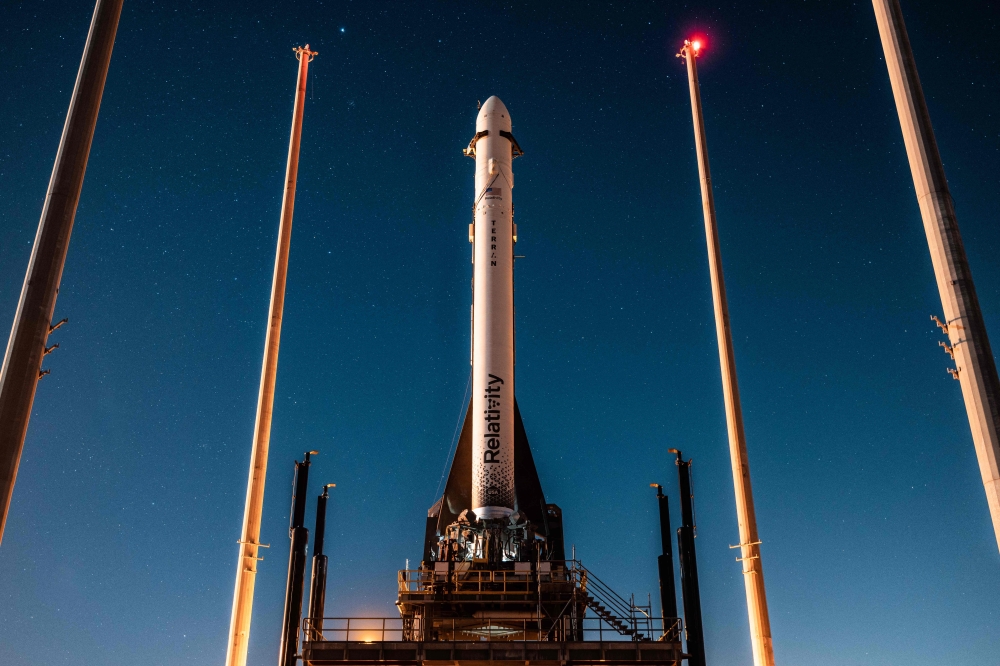 In this handout photo from Relativity Space obtained on March 10, 2023, the Terran 1 rocket can be seen on the launch pad at Launch Complex 16 in Cape Canaveral, Florida. (Photo by Handout / AFP) 