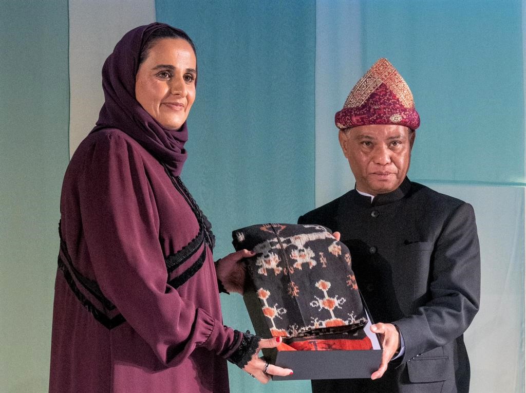 Qatar Museums' Chairperson HE Sheikha Al Mayassa bint Hamad bin Khalifa Al Thani and Indonesian Ambassador to Qatar HE Ridwan Hassan during the Qatar-Indonesia Year of Culture launch at the Museum of Islamic Art (MIA) on March 12, 2023.