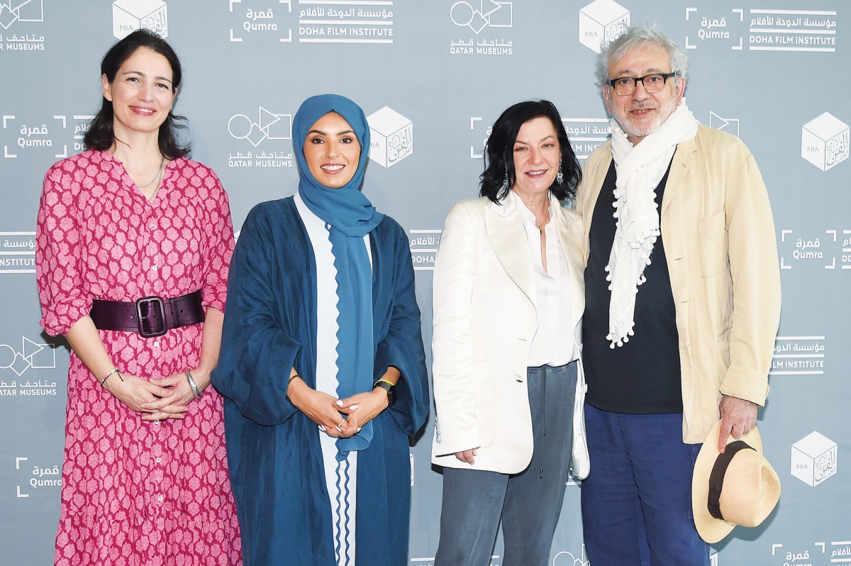 Director of Strategy and Development and Deputy Director Hanaa Issa, DFI CEO Fatma Al Remaihi, Qumra Master Lynne Ramsay and DFI Artistic Advisor Elia Suleiman attend the Qumra Master Photocall on day two of Qumra 2023. 