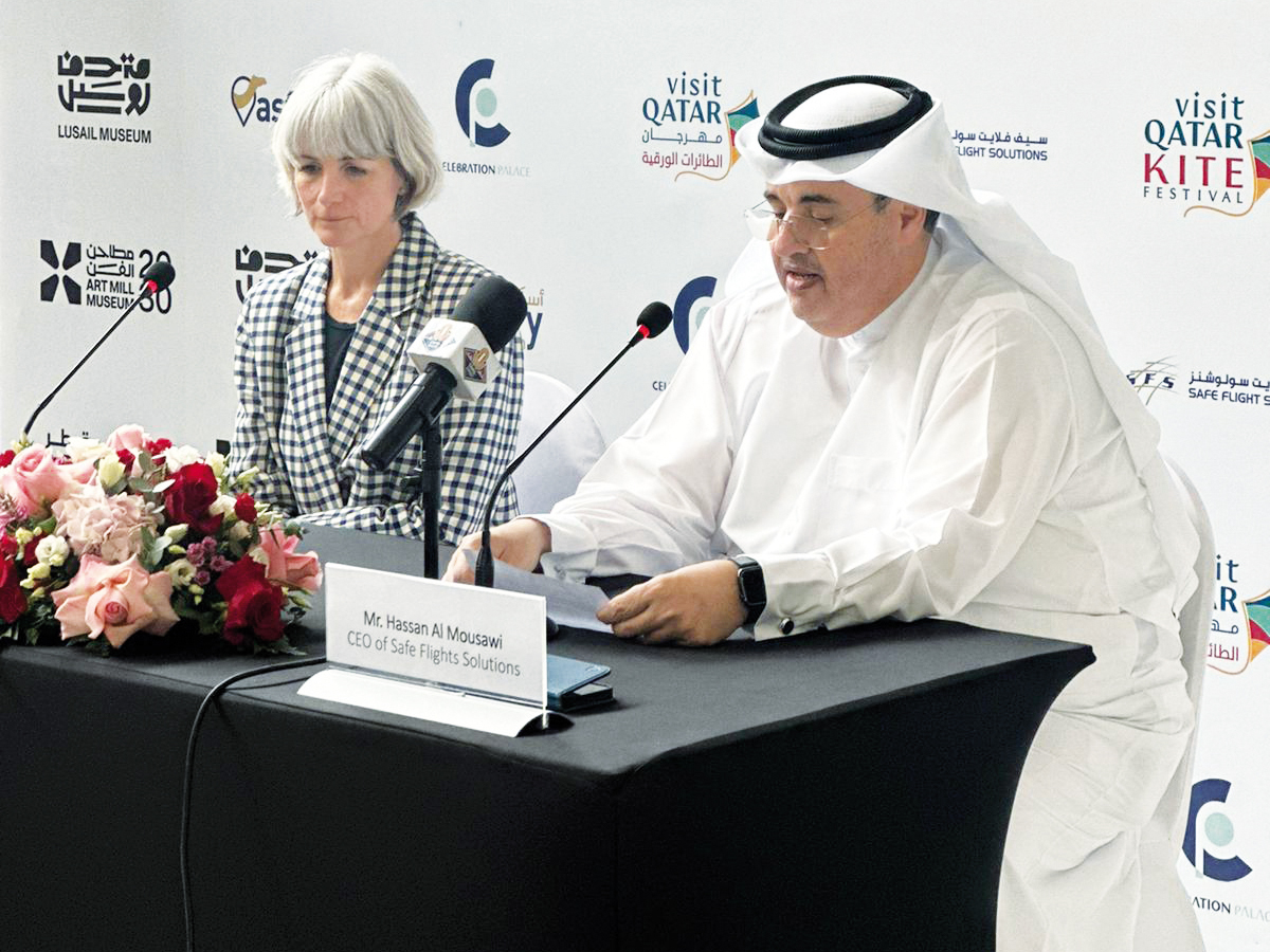 Director of Lusail Museum, Dr. Karen Mary Excell (left) and CEO of Safe Flight Solutions, Hassan Al Mousawi address a press conference.