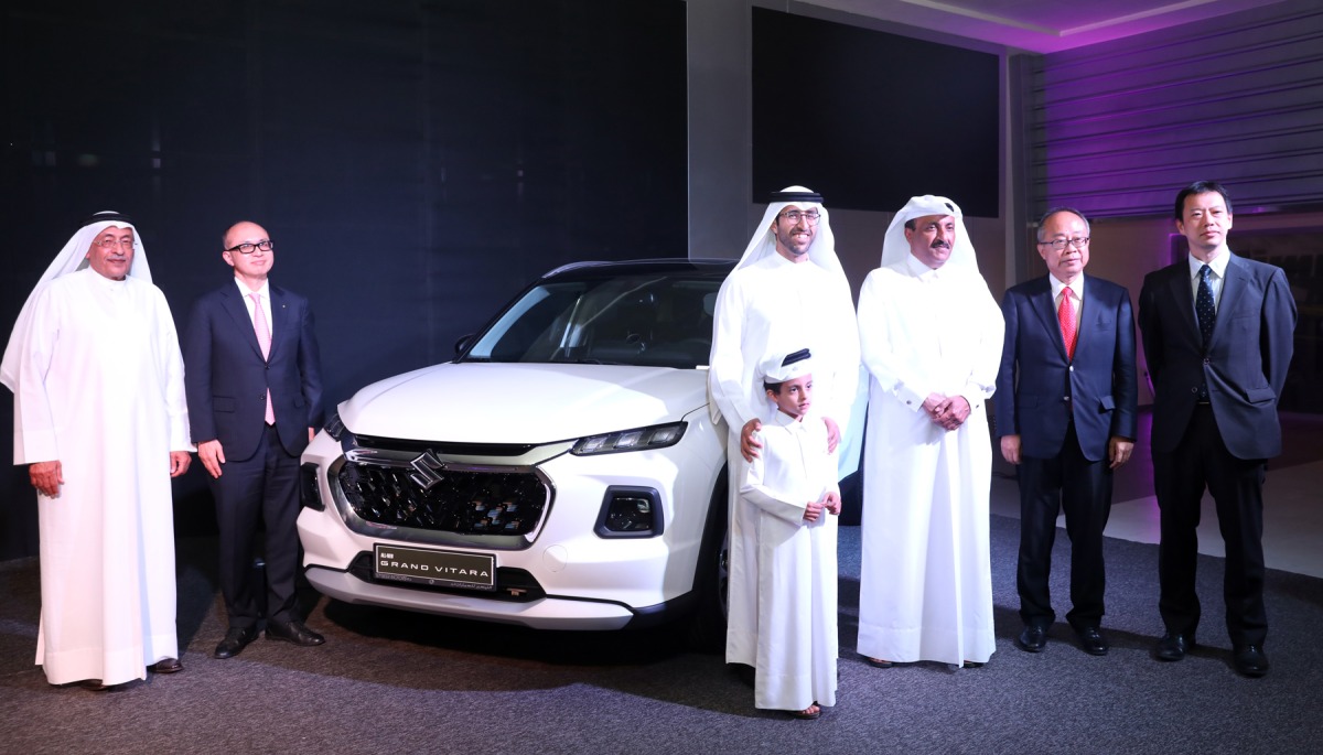 First Secretary - Embassy of Japan in Qatar Yamamoto Yoshiharu, Director and Senior Managing Officer - Global Automobile Marketing, Suzuki Motors Corporation Kinji Saito (second left) and Managing Officer Middle East and Africa Automobile Marketing, Suzuki Motors Corporation Koichi Suzuki (second right) and Deputy Chairman of Teyseer Group Adel Al Mannai (first left) with other officials at the launch of the all new Grand Vitara. PIC: Salim Matramkot/The Peninsula.