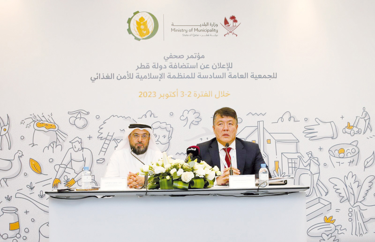 Dr. Masoud Jarallah Al Marri, Chairman of IOFS Executive Council; and Yerlan Baidaulet, IOFS Director-General, addressing a press conference in Doha yesterday.