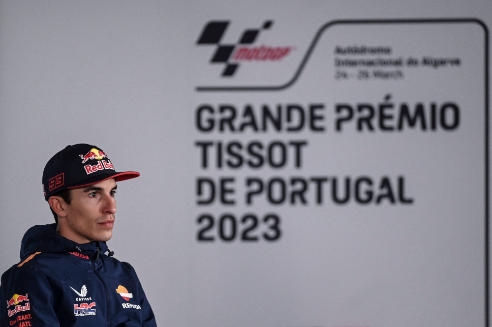 Repsol Honda Team Spanish rider Marc Marquez attends a press conference at the Algarve International Circuit in Portimao, on March 23, 2023, ahead of the Portugal Grand Prix 2023. Photo by PATRICIA DE MELO MOREIRA / AFP