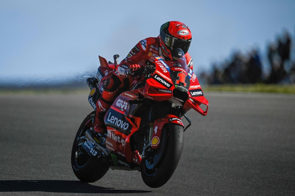 Ducati Italian rider Francesco Bagnaia rides during the warm-up before the MotoGP race of the Portuguese Grand Prix at the Algarve International Circuit in Portimao, on March 26, 2023. Photo by PATRICIA DE MELO MOREIRA / AFP