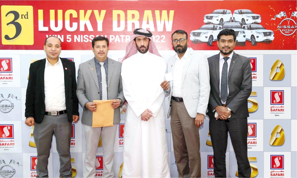 Officials during the announcement of the winner of the mega promotion 'Win 5 Nissan Patrol 2022 Car' by Safari Hypermarket at the Al Khor branch of the hypermarket on Monday.