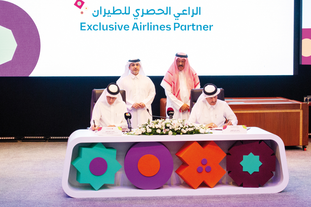 Minister of Municipality, H E Dr. Abdullah bin Abdulaziz bin Turki Al Subaie (2nd left); Qatar Airways Group CEO, H E Akbar Al Baker (1st left); Expo 2023 Doha Commissioner General, H E Bader Omar Ismail Al Dafa (2nd right); and Expo 2023 Doha Secretary General, Muhammad Al Khouri at the signing ceremony.