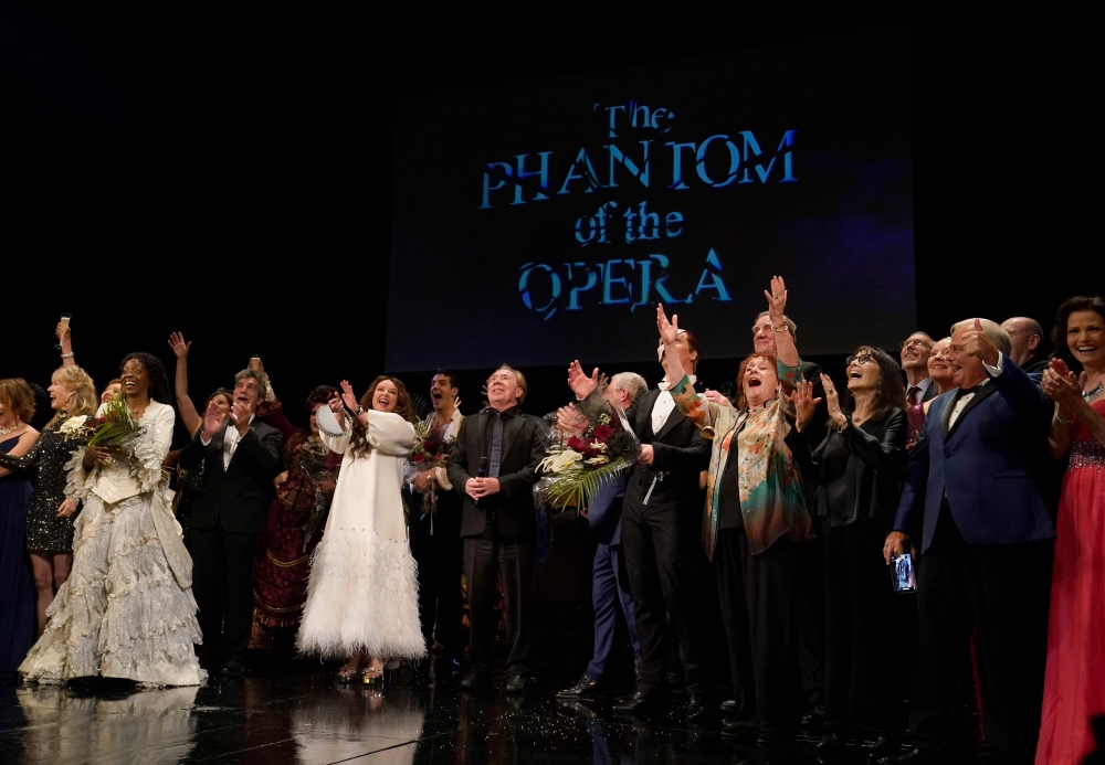 Sarah Brightman, Andrew Lloyd Webber, Cameron Mackintosh and Laird Mackintosh as the Phantom, take a bow at the end of the final performance of the musical “Phantom of the Opera” at the Majestic Theater in New York City on April 16, 2023. Photos by TIMOTHY A. CLARY / AFP