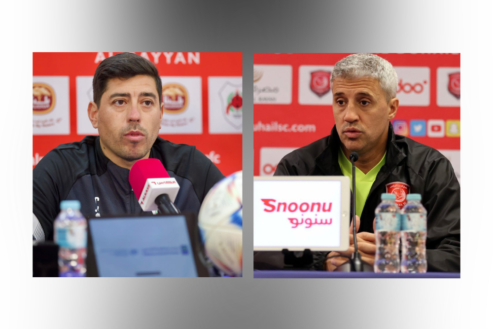 Al Rayyan coach Nicholas Cordova (left) and Al Duhail coach Hernan Crespo speak to reporters ahead of their QNB Stars League match. The game will kick off at 9:45pm tonight. 