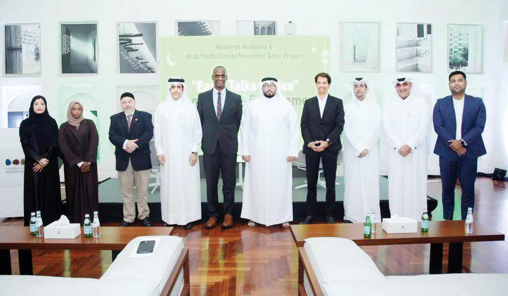 Ambassador of the USA to Qatar, H E Timmy T Davis (fifth left); Ambassador of Italy to Qatar H E Paolo Toschi (fourth right); Assistant Undersecretary of the Ministry of Environment and Climate Change H E Ahmed Mohamed Al Sada (fourth left); Manager of Msheireb Museums Abdulla Al Naama (third right); Senior Consultant at IFEES/EcoIslam Mark Bryant (third left); AYCMQ’s Neeshad Shafi (first right) and Hessa Al Noaimi (first left) and other officials during the Earth Talk Series on Islam and the Environment conducted at Bin Jelmood House in Msheireb. 