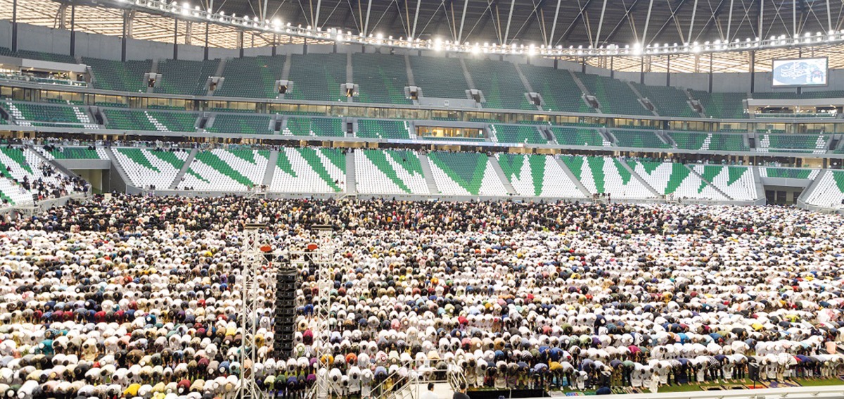 A huge number of community members performing Eid Al Fitr prayers yesterday at the Education City Stadium. 