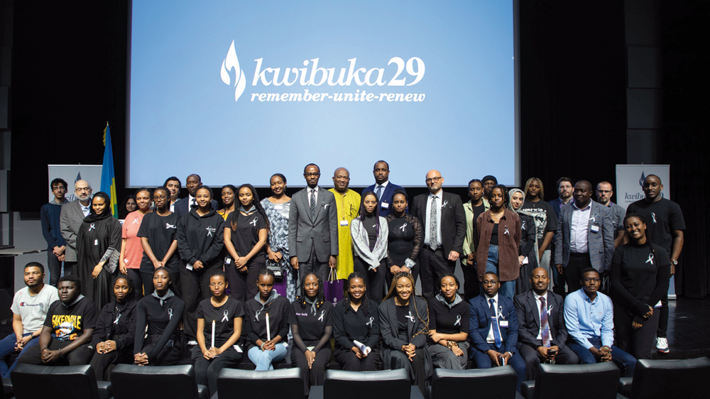 Ambassador of Rwanda to Qatar, H E Igor Marara, with Northwestern Qatar students, faculty, staff and members of the Education City community during the event.