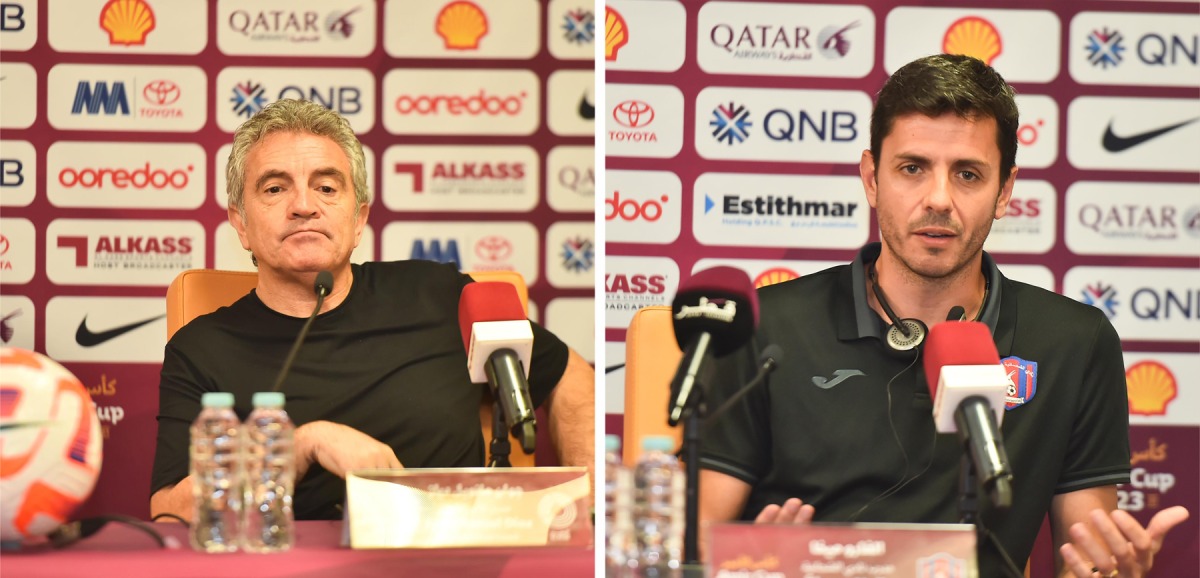 Al Sadd coach Juan Manuel Lillo (left) and Al Shahania coach Alvaro Mejia during pre-match press conferences yesterday. Pictures: Abdul Basit